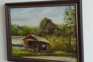 Zarámovaný obraz olejem "Chatka pod Bořenem" 39 × 29 cm