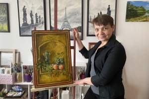 Ručně malovaný obraz zátiší "Broskve s hrozny" 40 × 60 cm