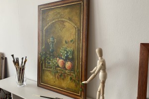 Ručně malovaný obraz zátiší "Broskve s hrozny" 40 × 60 cm