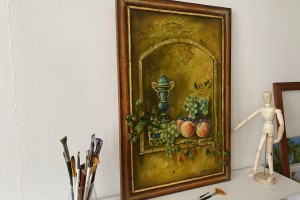 Ručně malovaný obraz zátiší "Broskve s hrozny" 40 × 60 cm