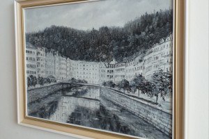 Zarámovaný obraz olejem "Karlovy Vary, černobílý" 52 × 39 cm
