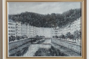 Zarámovaný obraz olejem "Karlovy Vary, černobílý" 52 × 39 cm