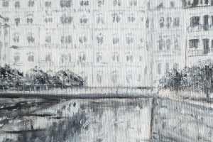 Zarámovaný obraz olejem "Karlovy Vary, černobílý" 52 × 39 cm