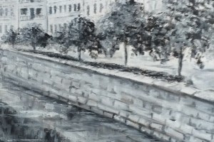 Zarámovaný obraz olejem "Karlovy Vary, černobílý" 52 × 39 cm
