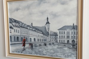 Ručně malovaný obraz olejem "Bílinské náměstí" 52 × 39 cm.