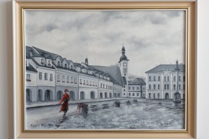 Ručně malovaný obraz olejem "Bílinské náměstí" 52 × 39 cm.