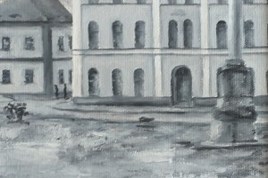 Ručně malovaný obraz olejem "Bílinské náměstí" 52 × 39 cm.