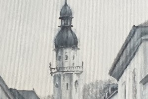 Ručně malovaný obraz městské krajiny "Pohled na radnici" 52 × 39 cm