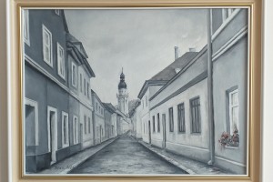 Ručně malovaný obraz městské krajiny "Pohled na radnici" 52 × 39 cm