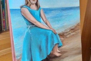 Interiérový žánrový portrét "U moře" 44 × 59 cm