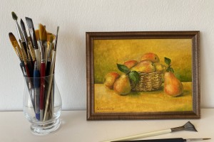 Obraz malovaný olejem na plátně "Hrušky v košíku" 24 × 18 cm