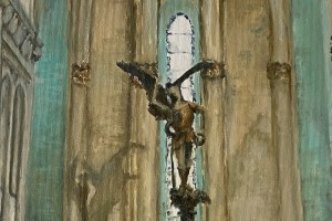 Interiérový obraz olejem "Socha v kostele" 35 × 52 cm