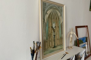 Interiérový obraz olejem "Socha v kostele" 35 × 52 cm