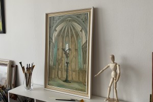 Interiérový obraz olejem "Socha v kostele" 35 × 52 cm