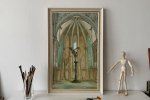 Interiérový obraz olejem "Socha v kostele" 35 × 52 cm