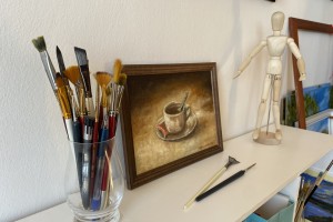 Zarámovaný miniaturní obraz "Šálek kávy" 24 × 18 cm