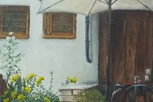 Obraz na plátně "Na dvorku husitské bašty" 42 × 34 cm
