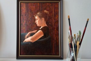 Portrét malovaný olejem na plátně "V klidu" 29 × 39 cm