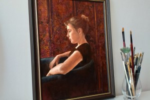 Portrét malovaný olejem na plátně "V klidu" 29 × 39 cm