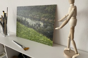 Kresba pod olejomalbou "Na břehu Bíliny" 39 × 29 cm