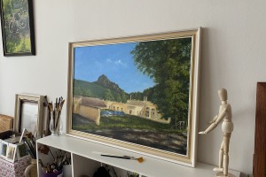 Obraz krajiny olejem "Bořeň od Kyselky" 69 × 47 cm