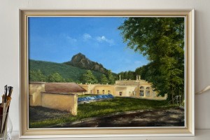 Obraz krajiny olejem "Bořeň od Kyselky" 69 × 47 cm