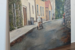 Ručně malovaný obraz olejem "Bílinské uličky" 52 × 39 cm