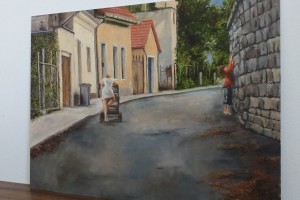 Ručně malovaný obraz olejem "Bílinské uličky" 52 × 39 cm