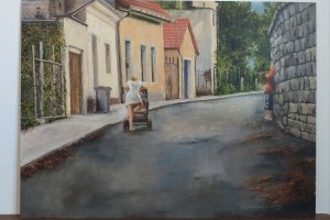 Ručně malovaný obraz olejem "Bílinské uličky" 52 × 39 cm