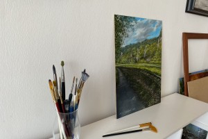 Obraz krajiny olejem "U trati", autorská replika 29 × 39 cm