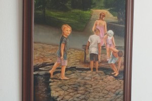 Žánrový portrét malovaný olejem na plátně "Letní zábava" 40 × 59 cm.