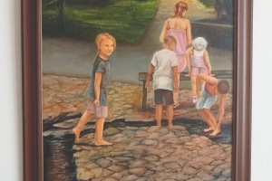 Žánrový portrét malovaný olejem na plátně "Letní zábava" 40 × 59 cm.