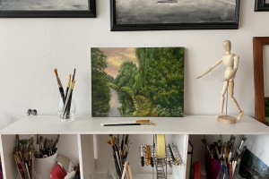 Ručně malovaná krajina olejem "Červánky nad Bílinou" 40 × 30 cm
