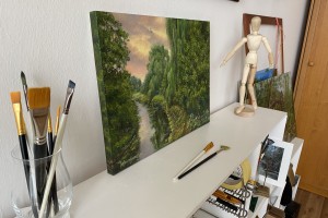 Ručně malovaná krajina olejem "Červánky nad Bílinou" 40 × 30 cm