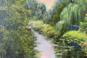 Ručně malovaná krajina olejem "Červánky nad Bílinou" 40 × 30 cm