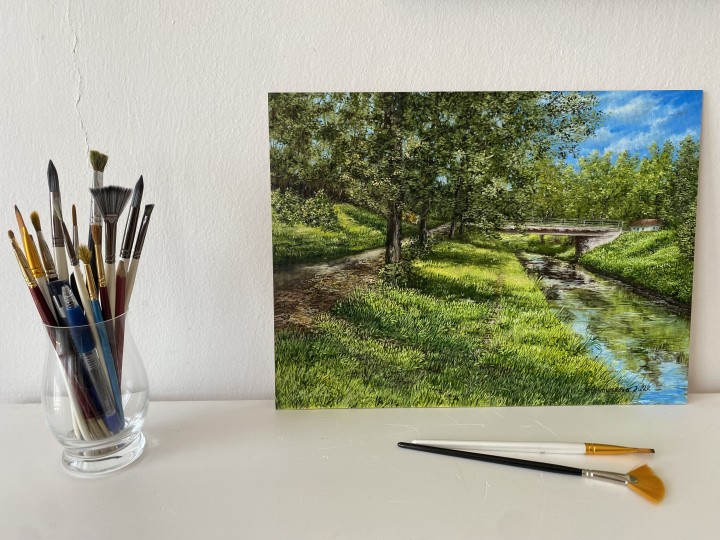 Olejomalba na plátně "Most přes Bělu" 39 × 29 cm