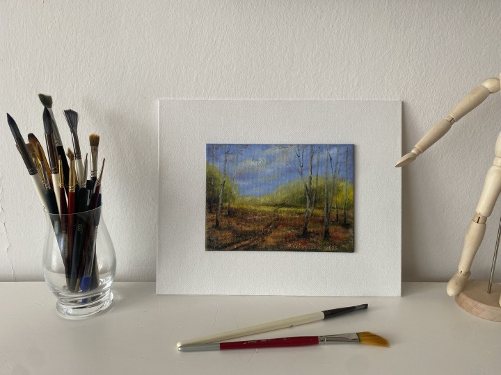 Miniaturní olejomalba krajiny "Podzimní břízy miniatura" 18 × 13,2 cm