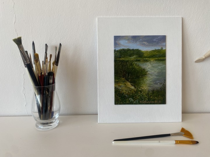 Obraz krajiny "Jezírko po dešti" 14,5 × 19,5 cm