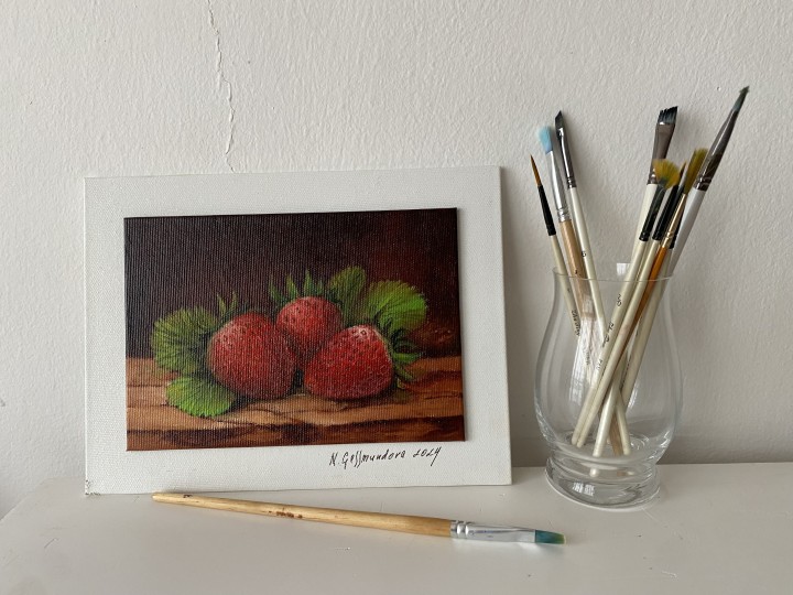 Realistická olejomalba "Jahody", 18 × 13 cm