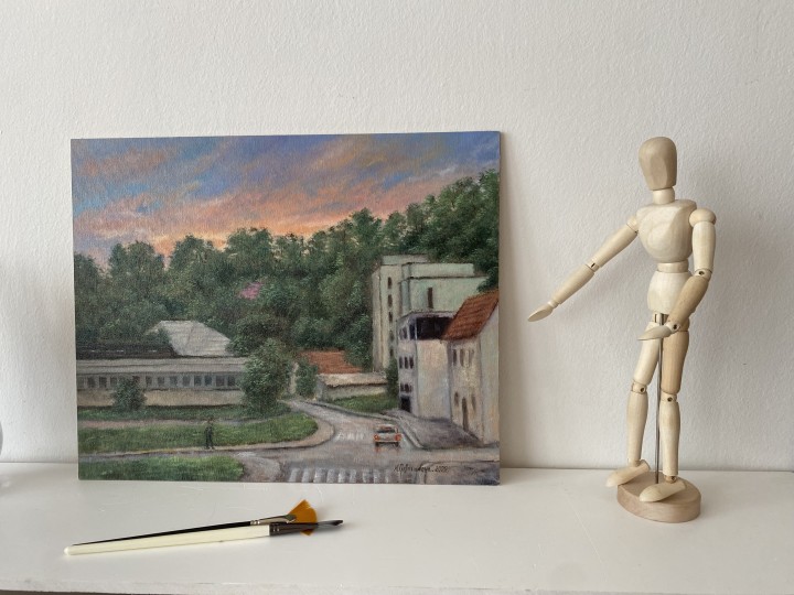 Ručně malovaná krajina olejem "Svítání v Bílině" 42 × 34 cm