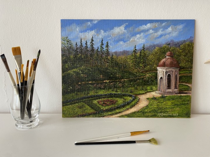 Kresba pod olejomalbou "Kyselka za starých času" 40 × 30 cm