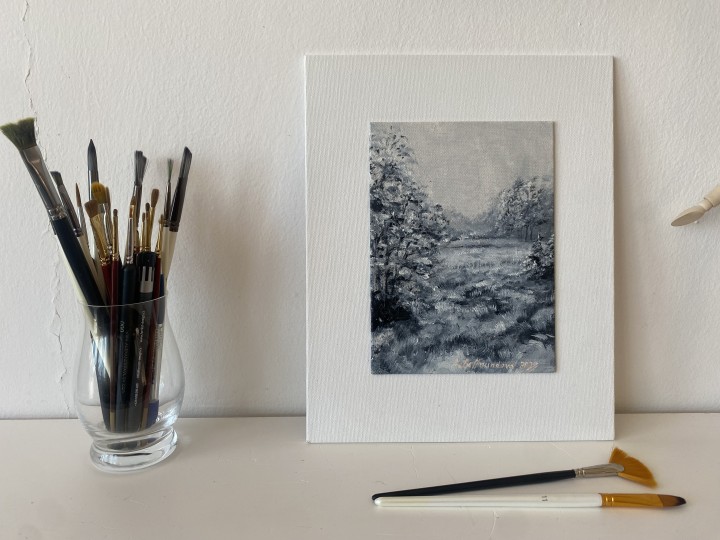 Obraz malovaný olejem na plátně "Zimní krajina" 14,2 × 19,5 cm