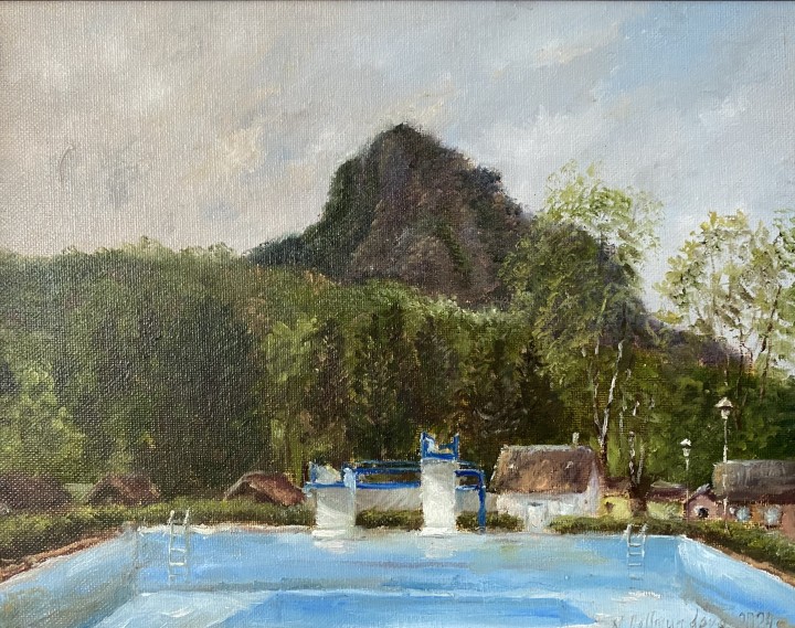 Ručně malovaný obraz olejem "Plenér na koupaliště" 30 × 24 cm