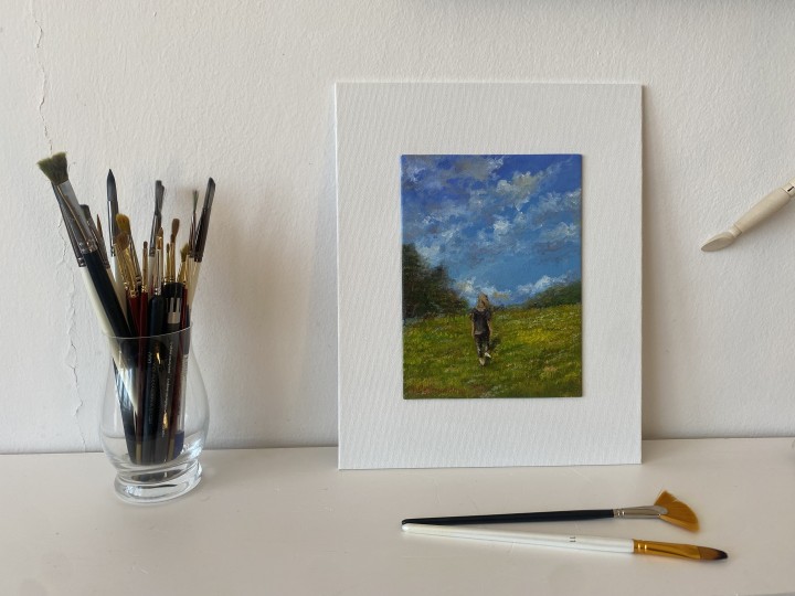 Portrét na plátně "Cestou po louce" 14 × 19 cm