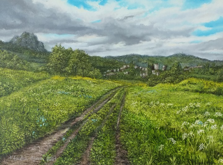 Ručně malovaný obraz krajiny "Pohled na Bílinu" 39 × 29 cm