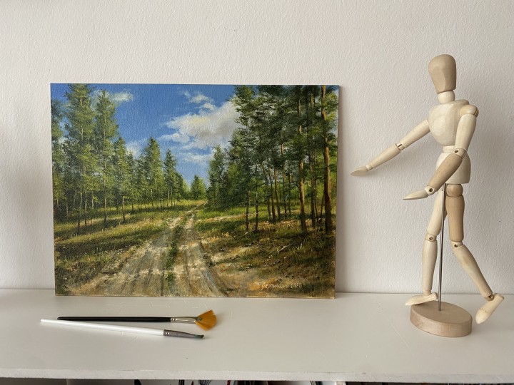 Obraz krajiny olejem "Borovicový les" 40 × 30 cm