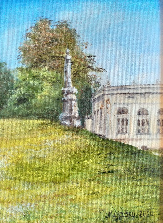 Ručně malovaný obraz "Bílina - Areál Kyselka" 14 × 19 cm