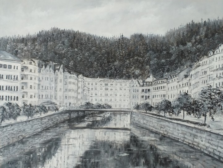 Zarámovaný obraz olejem "Karlovy Vary, černobílý" 52 × 39 cm