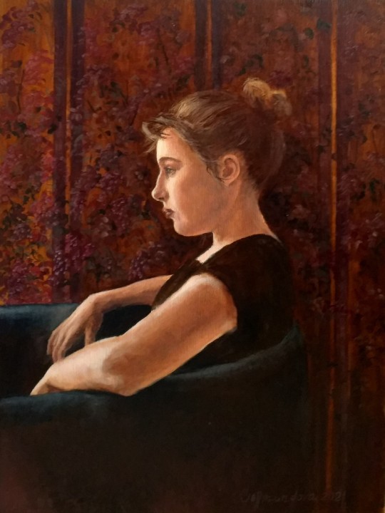Portrét malovaný olejem na plátně "V klidu" 29 × 39 cm