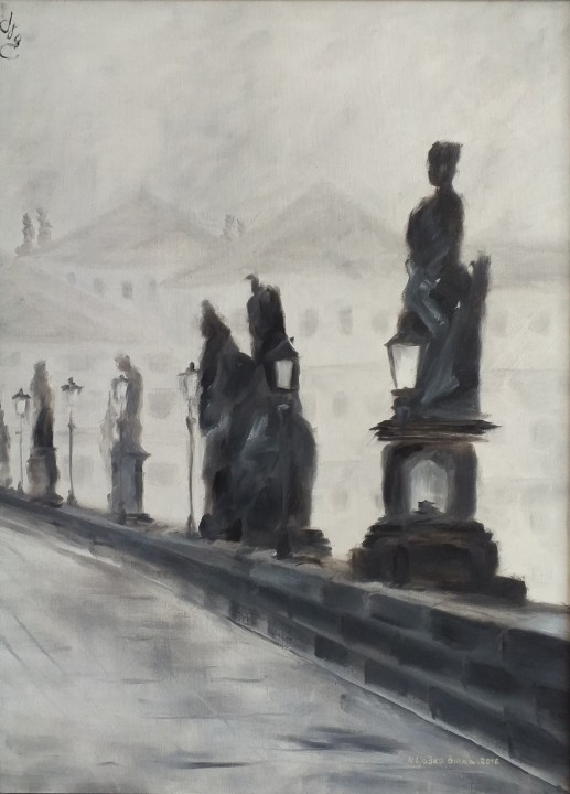 Obraz na plátně, zarámovaný "Karlův most, pravá část" 41 × 56 cm